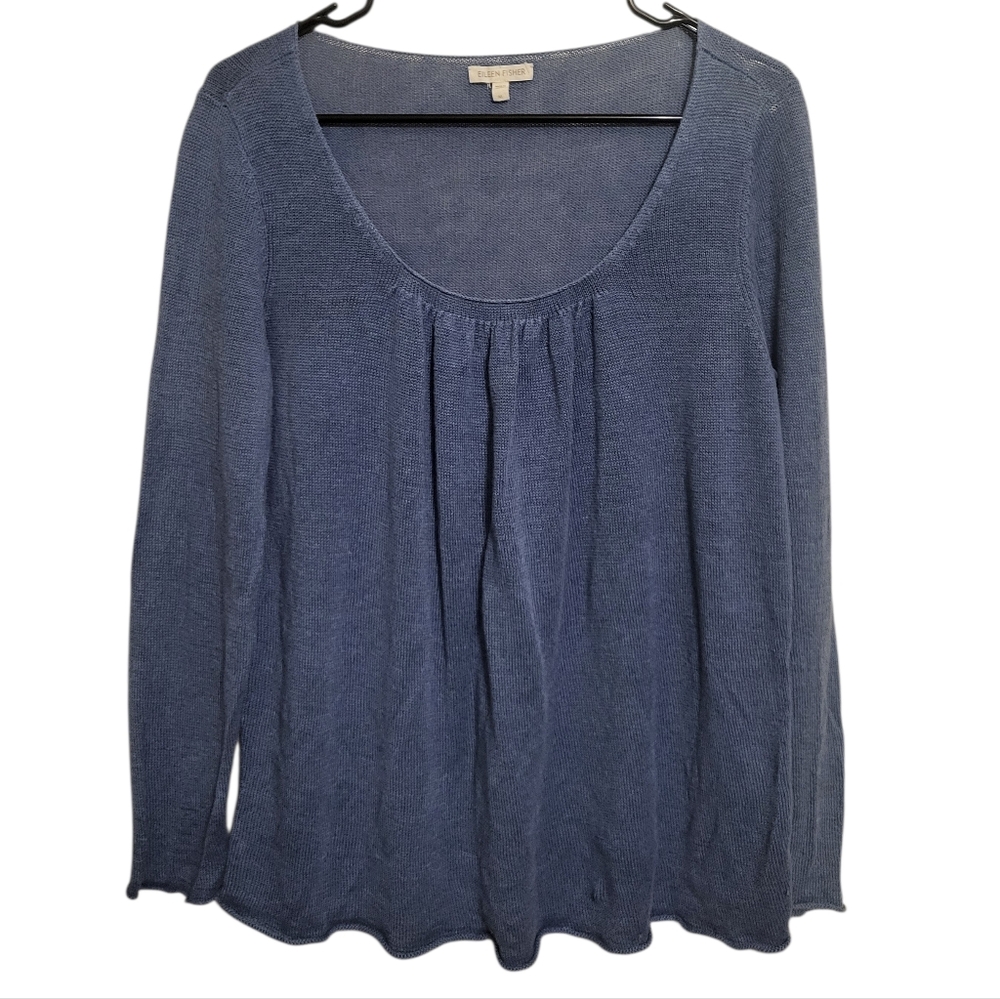 Eileen Fisher Blue Linen Scoop Neck Pullover, M NEW w/o TAG